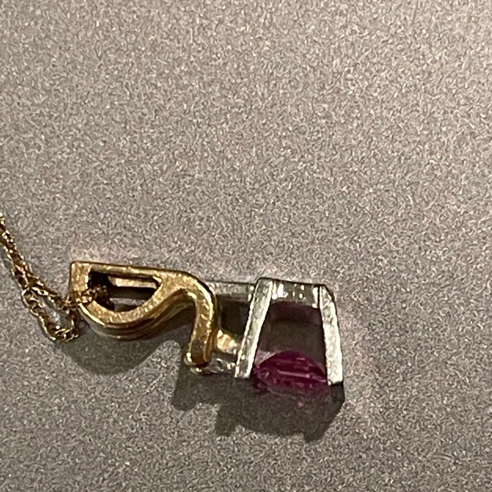 Pink sapphire, two tone, 14 karat gold modernist, diamond pendant - Picture 10 of 15